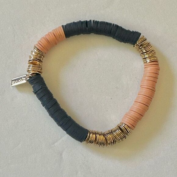 Canvas blue gold  tone and peach stretchy clay  disc bracelet - Picture 5 of 9